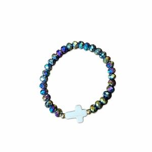 Faceted Iridescent Elegant Bead Cross Stretch Bracelet Faith Jewelry Gift Pouch